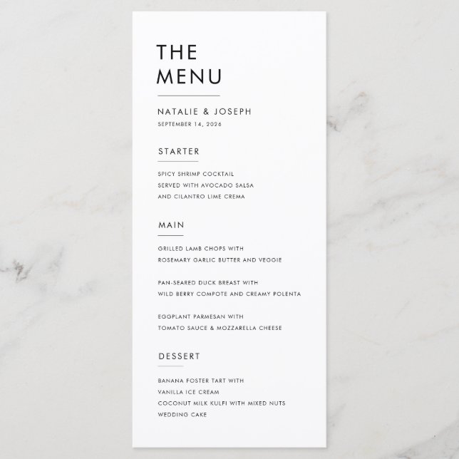 Simple Black & White Elegant Wedding Dinner Food Menu (Front)
