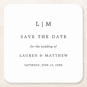 Simple Black White Elegant Wedding Save the Date Square Paper Coaster