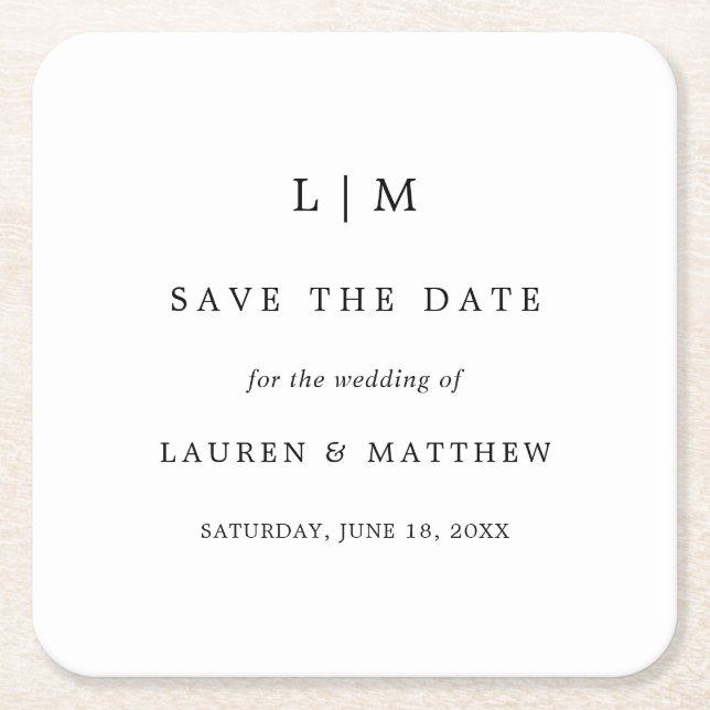 Simple Black White Elegant Wedding Save the Date Square Paper Coaster (Front)