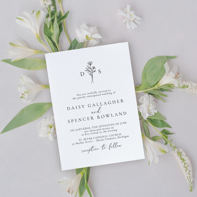 Simple Black & White Floral Monogram Wedding Invitation (Creator Uploaded)
