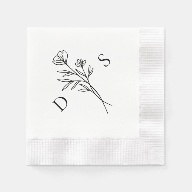 Simple Black & White Floral Monogram Wedding  Napkin (Front)
