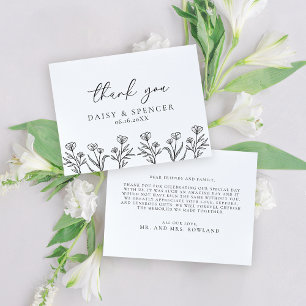 Simple Black & White Floral Outline Wedding Thank You Card
