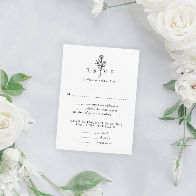 Simple Black & White Floral Vertical Wedding RSVP Card (Creator Uploaded)