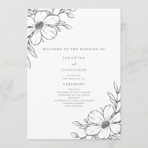 Simple Black White Floral Wedding  Program