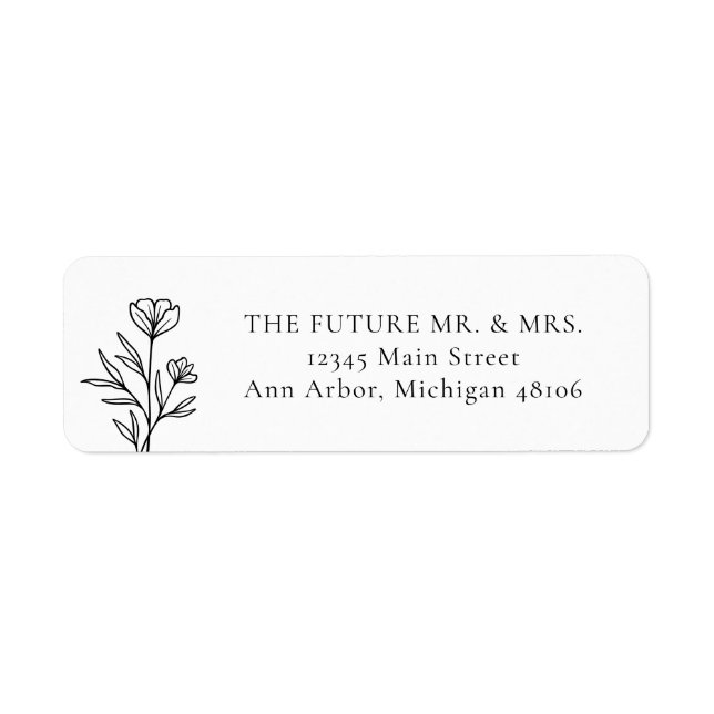Simple Black & White Floral Wedding Return Address Label (Front)