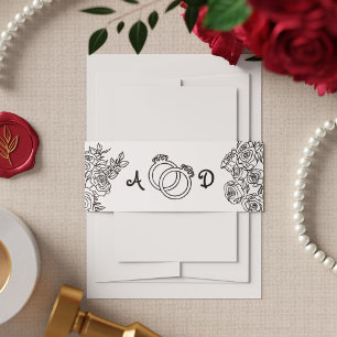 Simple Black & White Flowers Floral Doodle Wedding Invitation Belly Band