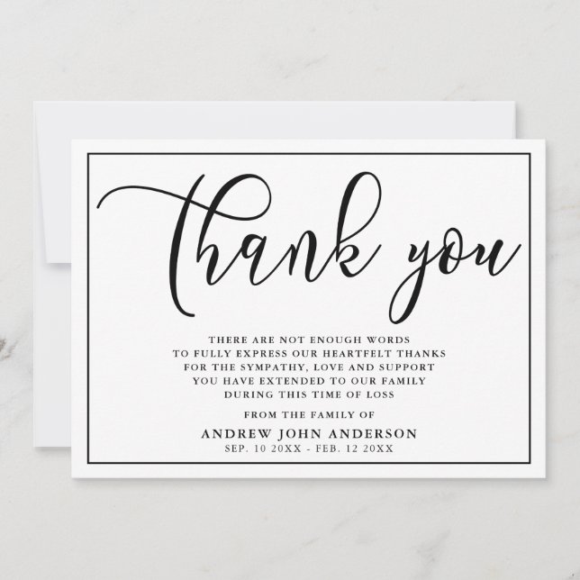 Simple Black & White Funeral Thank You Card (Front)