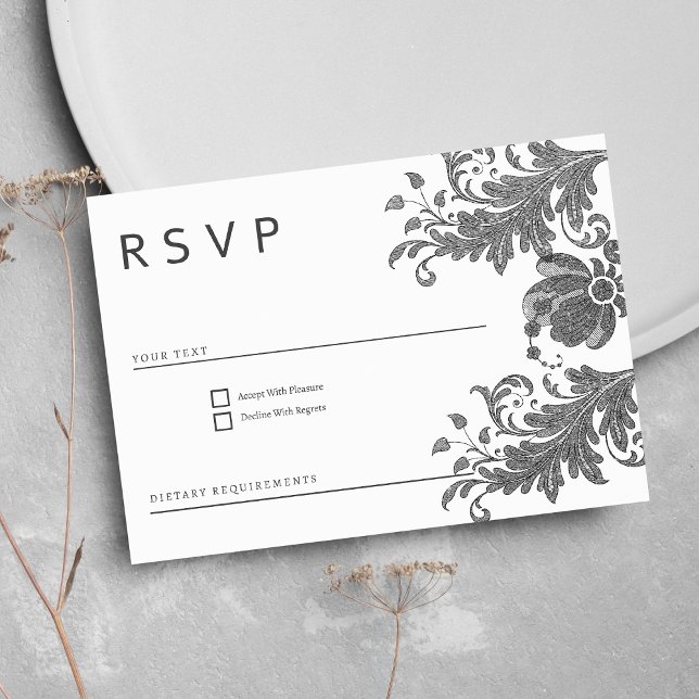 Simple black white glitter floral lace RSVP Invitation (Simple black white glitter floral lace RSVP )