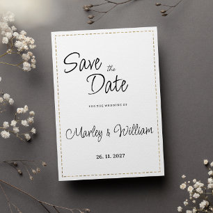 Simple black white gold dashed line Save the Date Invitation