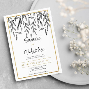 Simple black white gold floral foliage wedding invitation