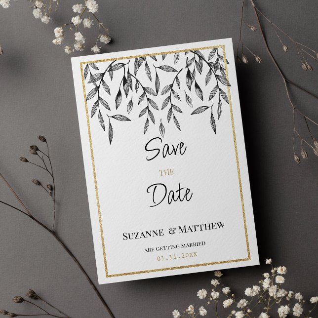 Simple black white gold foliage Save the Date Invitation (Simple black white gold foliage Save the Date )
