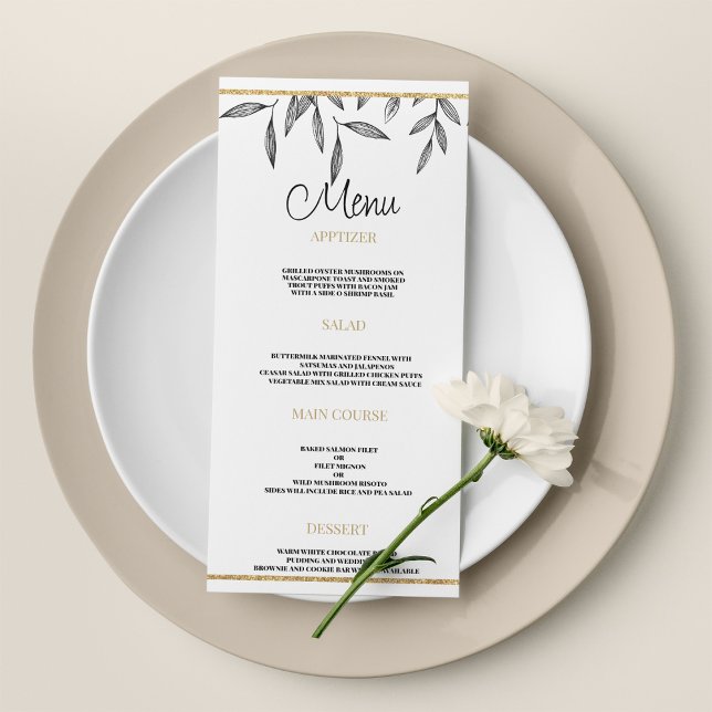 Simple black white gold foliage Wedding Menu (Simple black white gold foliage Wedding Menu)
