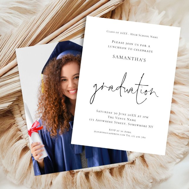 Simple Black White Grad Luncheon Photo Graduation  Invitation (front an back view)