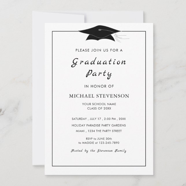 Simple Black White Graduation Invitation Template (Front)