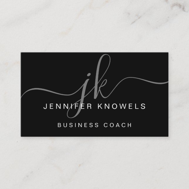 Simple Black White Grey Elegant Monogram Script  Business Card (Front)
