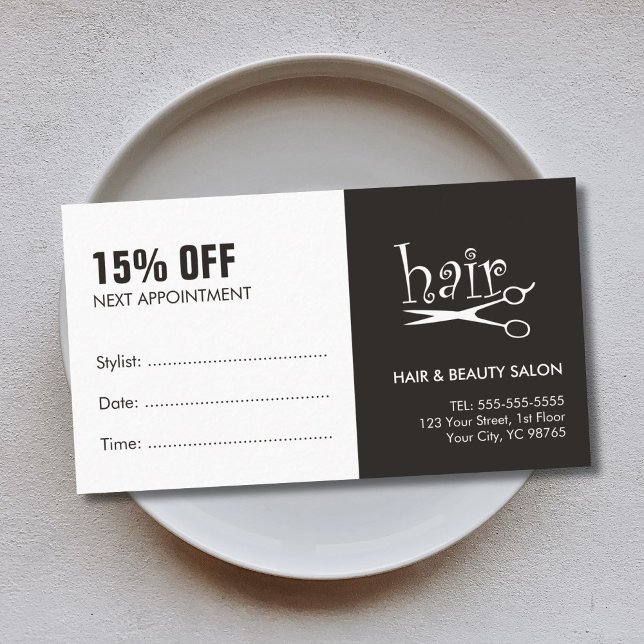 Simple Black White Hair Appointment Coupon Card (Creator Uploaded)