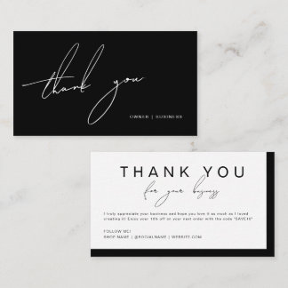 Simple Black White Handwritten Script Thank You Business Card
