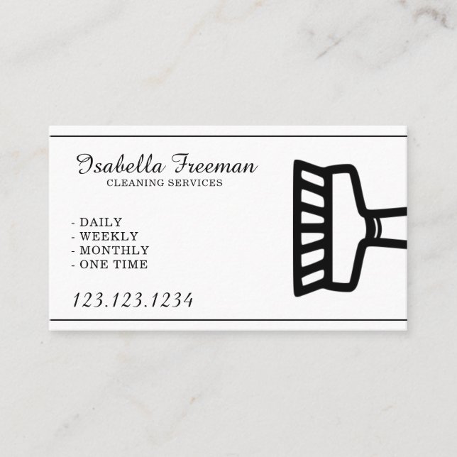 Simple Black & White Housekeeper Cleaning Service Business Card (Front)