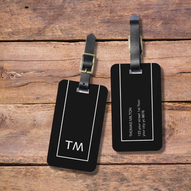 Simple Black White Lines Bold Monogram Luggage Tag (Creator Uploaded)