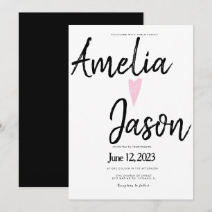 Simple Black White Marker Script Heart Wedding Invitation