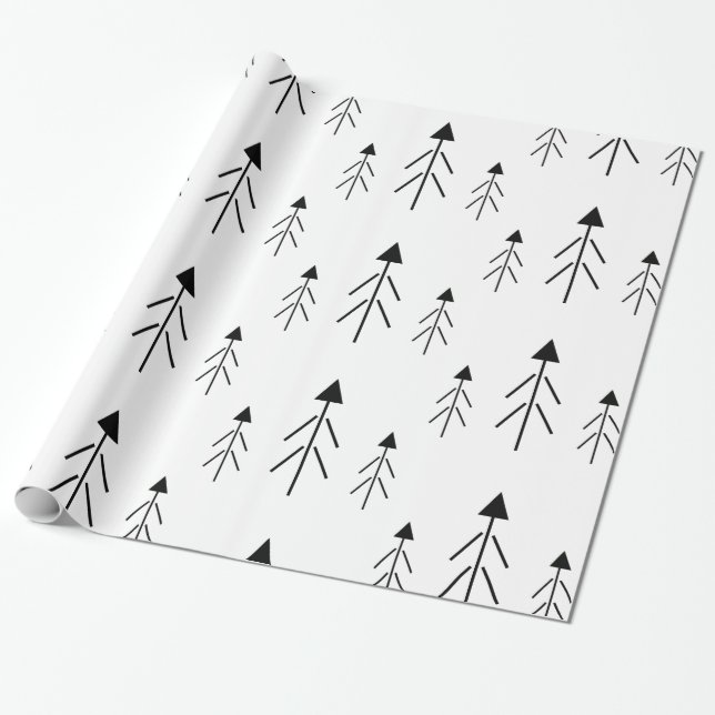 Simple Black White Merry Christmas Trees Gift Wrap (Unrolled)