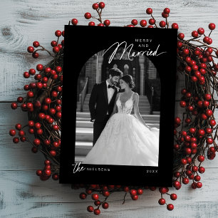 Simple Black White Merry Married Script Photo Holiday Card