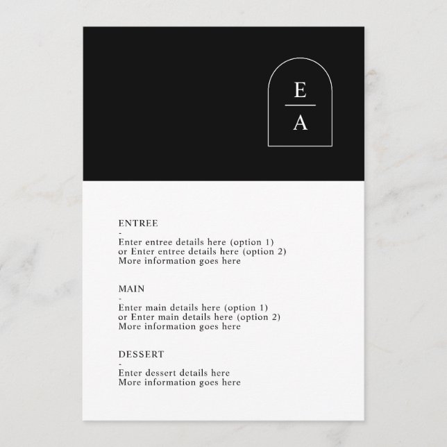 Simple Black & White Minimal Arch Monogram Wedding Menu (Front)