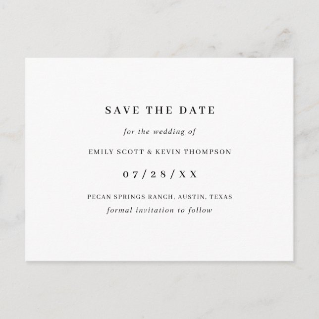 Simple Black White Minimalist Save the Date Announcement Postcard (Front)