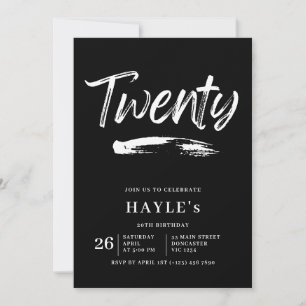 Simple Black & White Modern Brush 20th Birthday Invitation