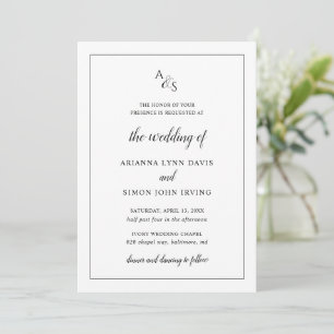 Simple Black White Monogram Formal Elegant Wedding Invitation