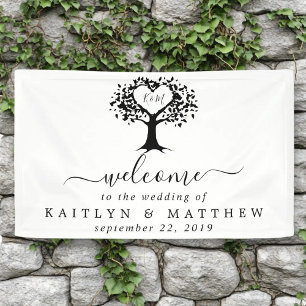Simple Black & White Monogram Heart Tree Wedding Banner