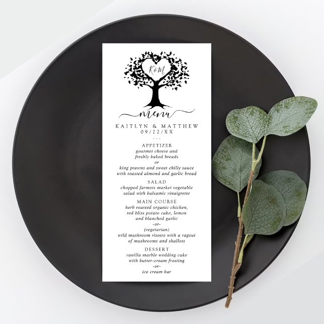 Simple Black & White Monogram Heart Tree Wedding Menu (Creator Uploaded)