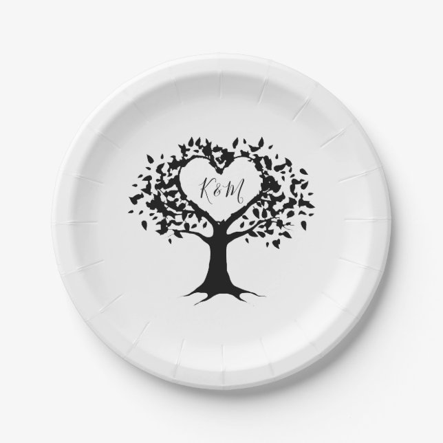 Simple Black & White Monogram Heart Tree Wedding Paper Plate (Front)
