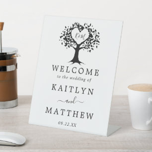 Simple Black & White Monogram Heart Tree Wedding Pedestal Sign