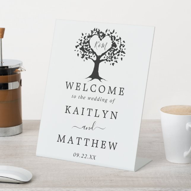Simple Black & White Monogram Heart Tree Wedding Pedestal Sign (In SItu)