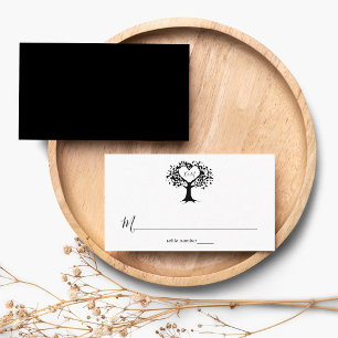 Simple Black & White Monogram Heart Tree Wedding Place Card