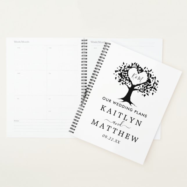 Simple Black & White Monogram Heart Tree Wedding Planner (Display)