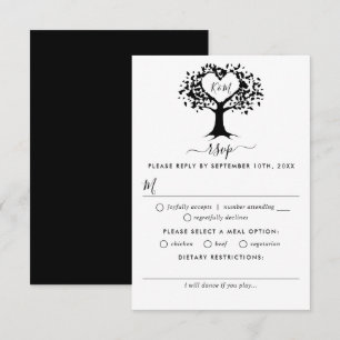 Simple Black & White Monogram Heart Tree Wedding RSVP Card