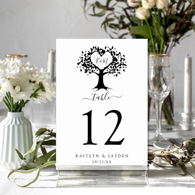 Simple Black & White Monogram Heart Tree Wedding Table Number (Creator Uploaded)
