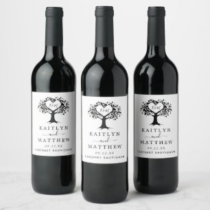 Simple Black & White Monogram Heart Tree Wedding Wine Label