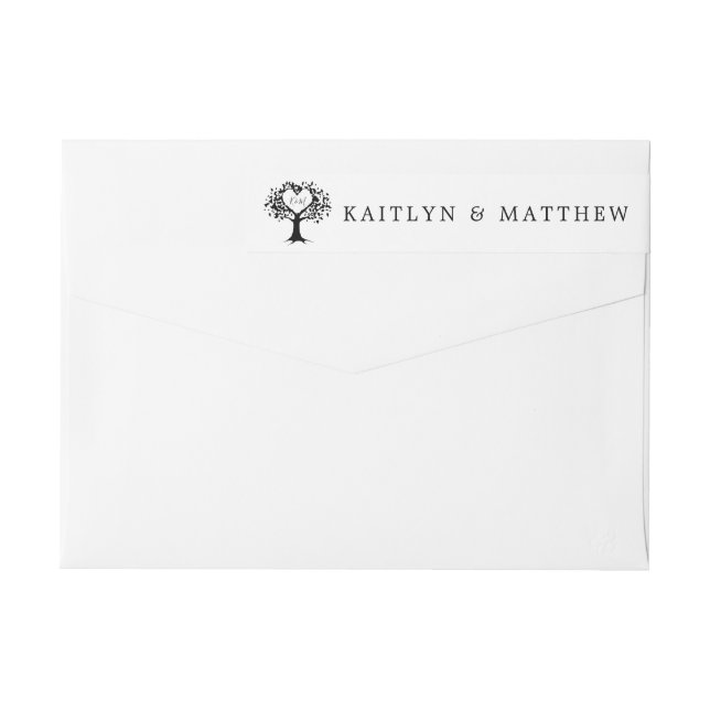 Simple Black & White Monogram Heart Tree Wedding Wrap Around Label (Back)