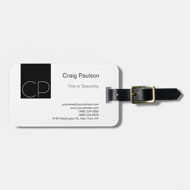 Simple Black White Monogram Initials Luggage Tag (Front Horizontal)