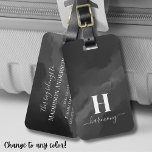 Simple Black White Monogram Luggage Tag<br><div class="desc">This stylish luggage tag features a dark grey, almost black, background for a sleek black and white look. A personalised initial is elegantly displayed in script calligraphy, with the name positioned below in a matching serif font. The simple yet chic design adds a touch of sophistication to your travel essentials,...</div>