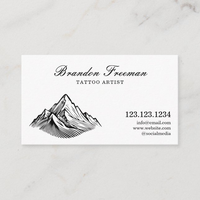 Simple Black & White Mountain Tattoo Artist Business Card (Front)