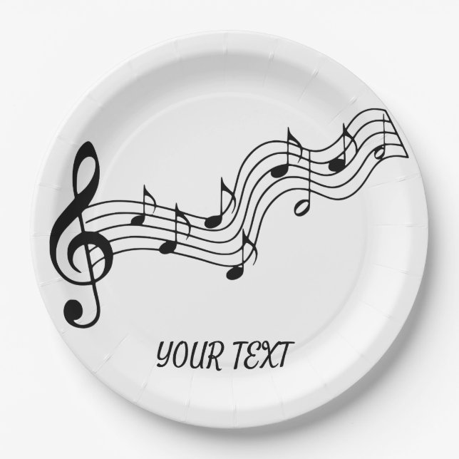 Simple Black White Music Notes Paper Plate (Front)