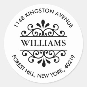 Simple Black & White Ornate Custom Return Address Classic Round Sticker