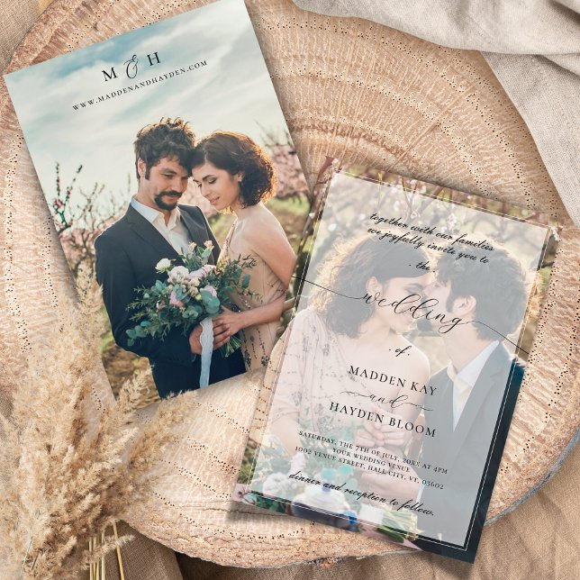 Simple Black White Overlay Elegant Photo Wedding Invitation (Creator Uploaded)