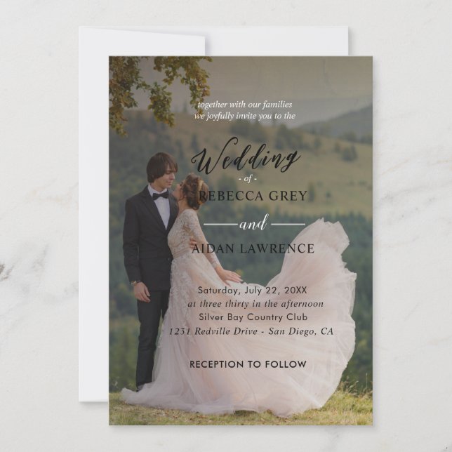 Simple Black & White Overlay Photo Wedding Invitat Invitation (Front)