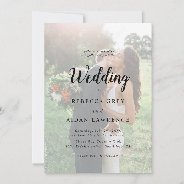 Simple Black & White Overlay Photo Wedding Invitation (Front)
