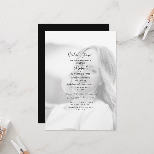 Simple Black & White Photo Bridal Shower Invitation (Front/Back In Situ)